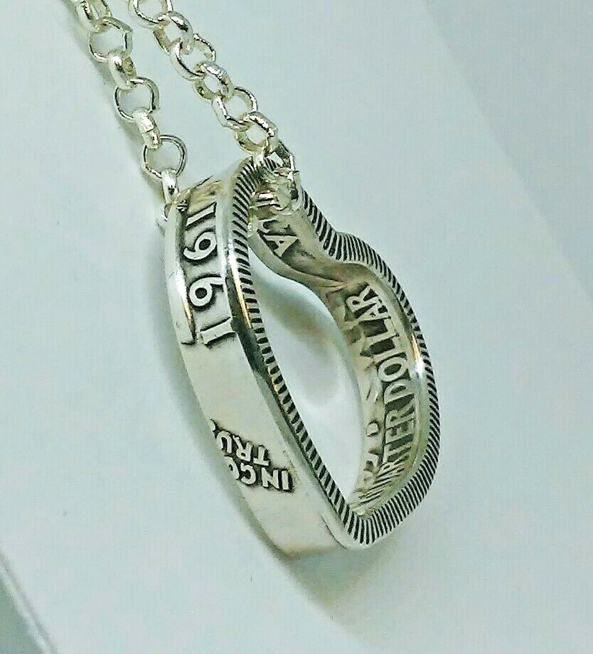 Heart Pendant made from US SILVER QUARTER coin ring 1940-1964 with chain