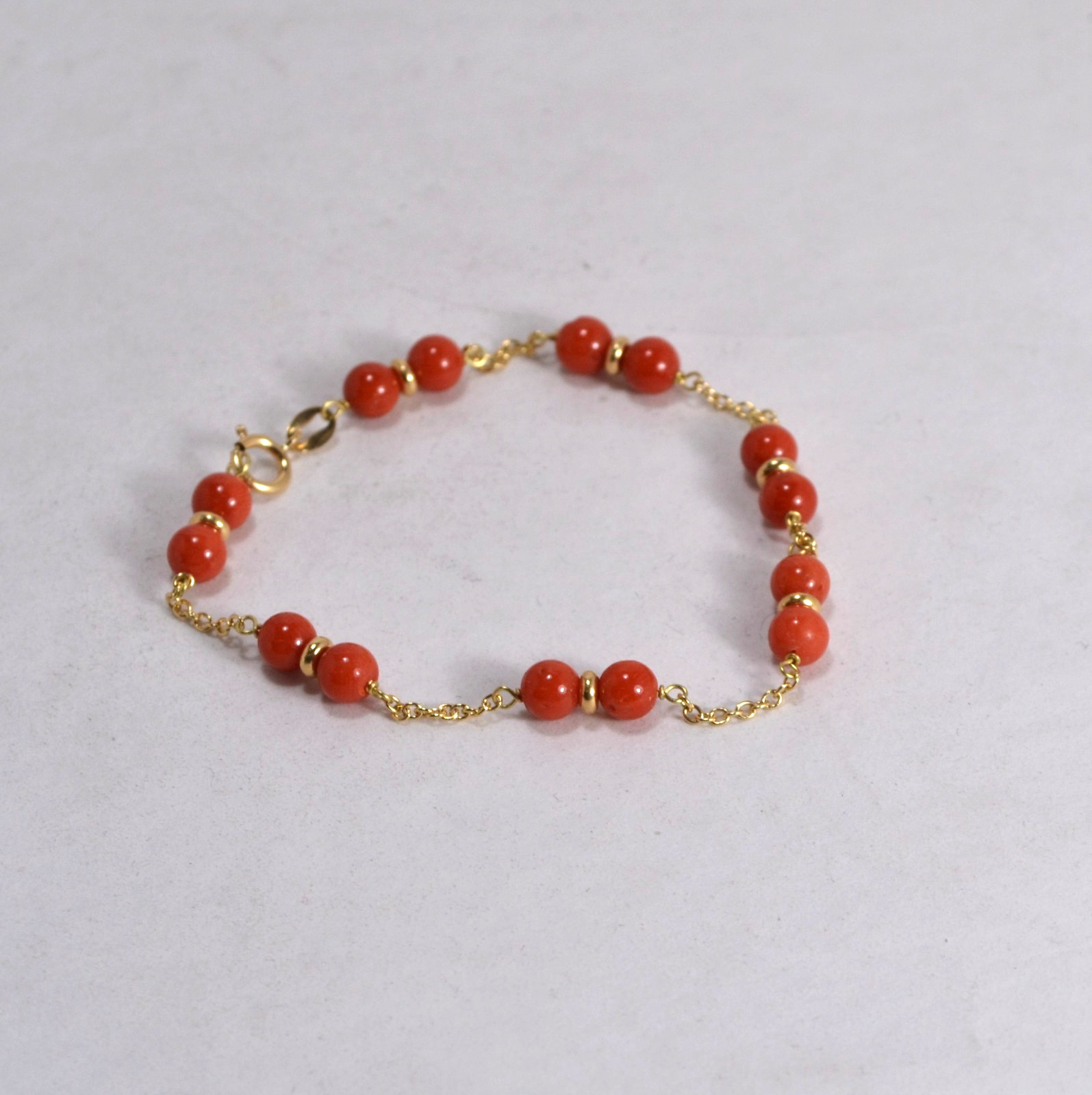 18kt YELLOW GOLD CORAL BRACELET 5mm RED FIRST CHOICE DOUBLE OGRP 077