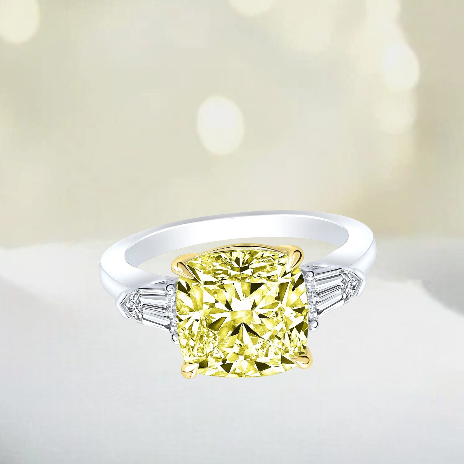 Fancy Vivid Yellow Diamond Ring 14K Multi Gold IGI Lab Grown 4.10 CT Cushion Cut