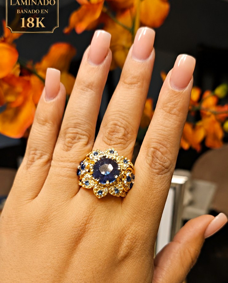 18K Yellow Gold Plated Cocktail Ring Blue Round Stone Prong Set Size 9