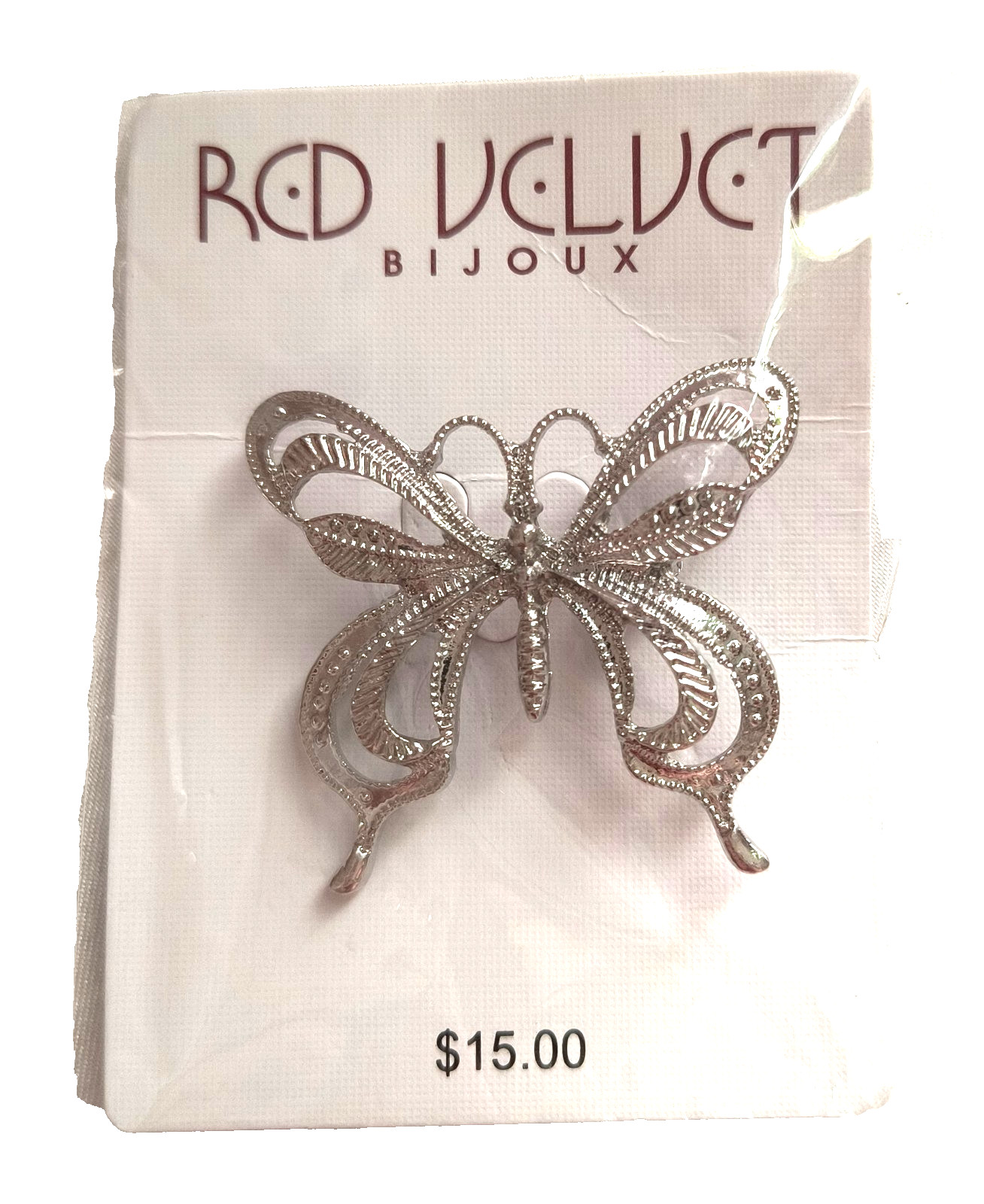 NEW Red Velt by Bijoux Women’s Jewelry Brooch Silvertone Butterfly 1.25″ x 1.25″