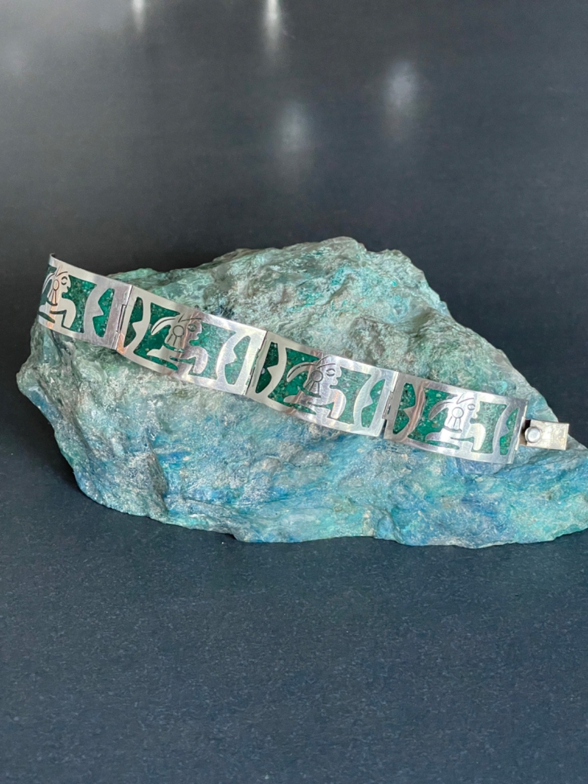 Solid 925 Silver Bracelet from Taxco Mexico Handmade with Green Stone Inlay