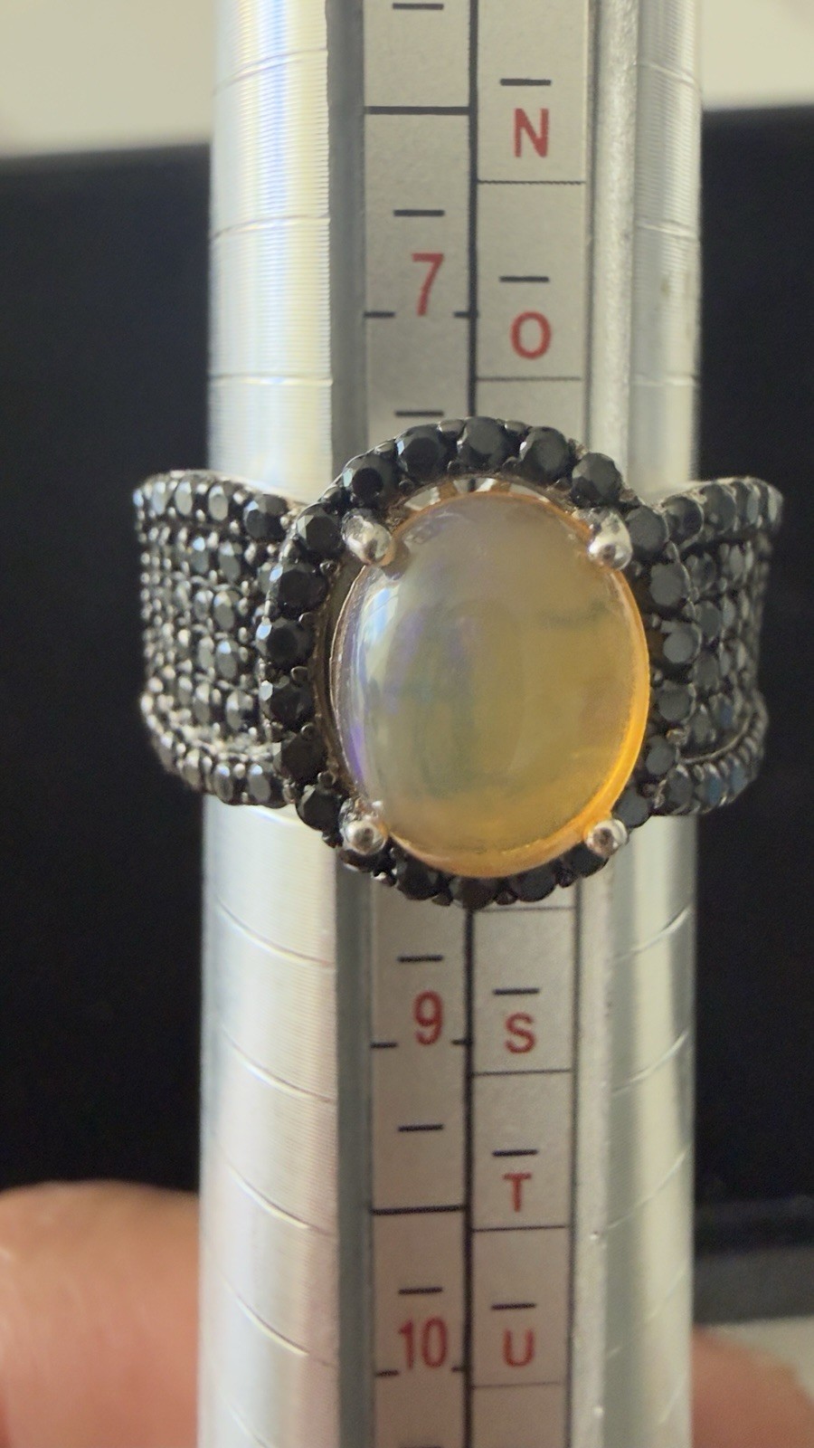 925 Ring With Oval Yellow Cabochon Stone And Black Diamond Or Onyx Stones Size 8