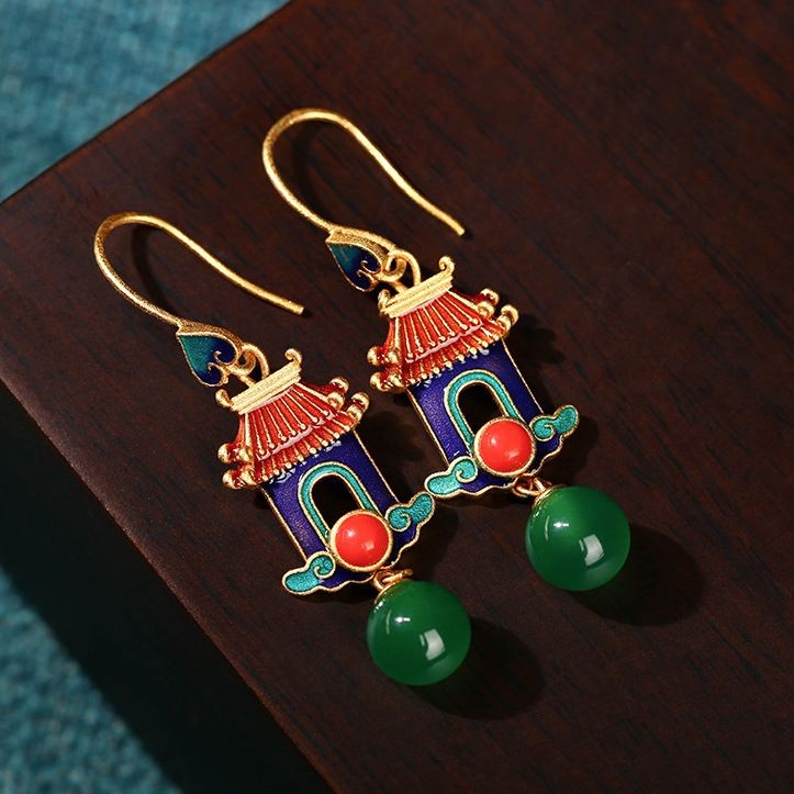 Chinese Enamel Gold Plated Earrings Palace Style Green Chalcedony Dangle