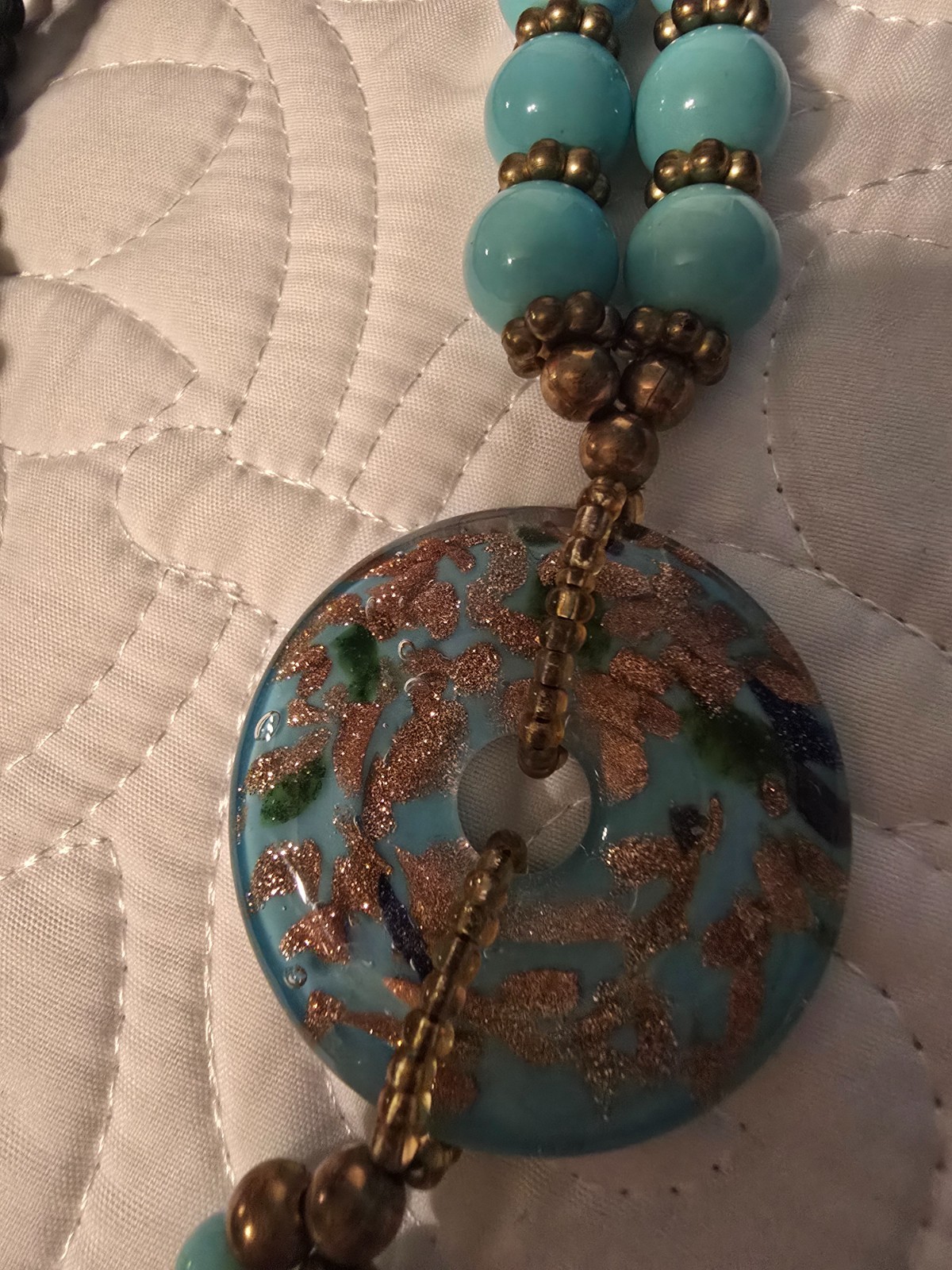 Black & Turquoise Blue Beaded Necklace Large Foil Glass Pendant NWOT