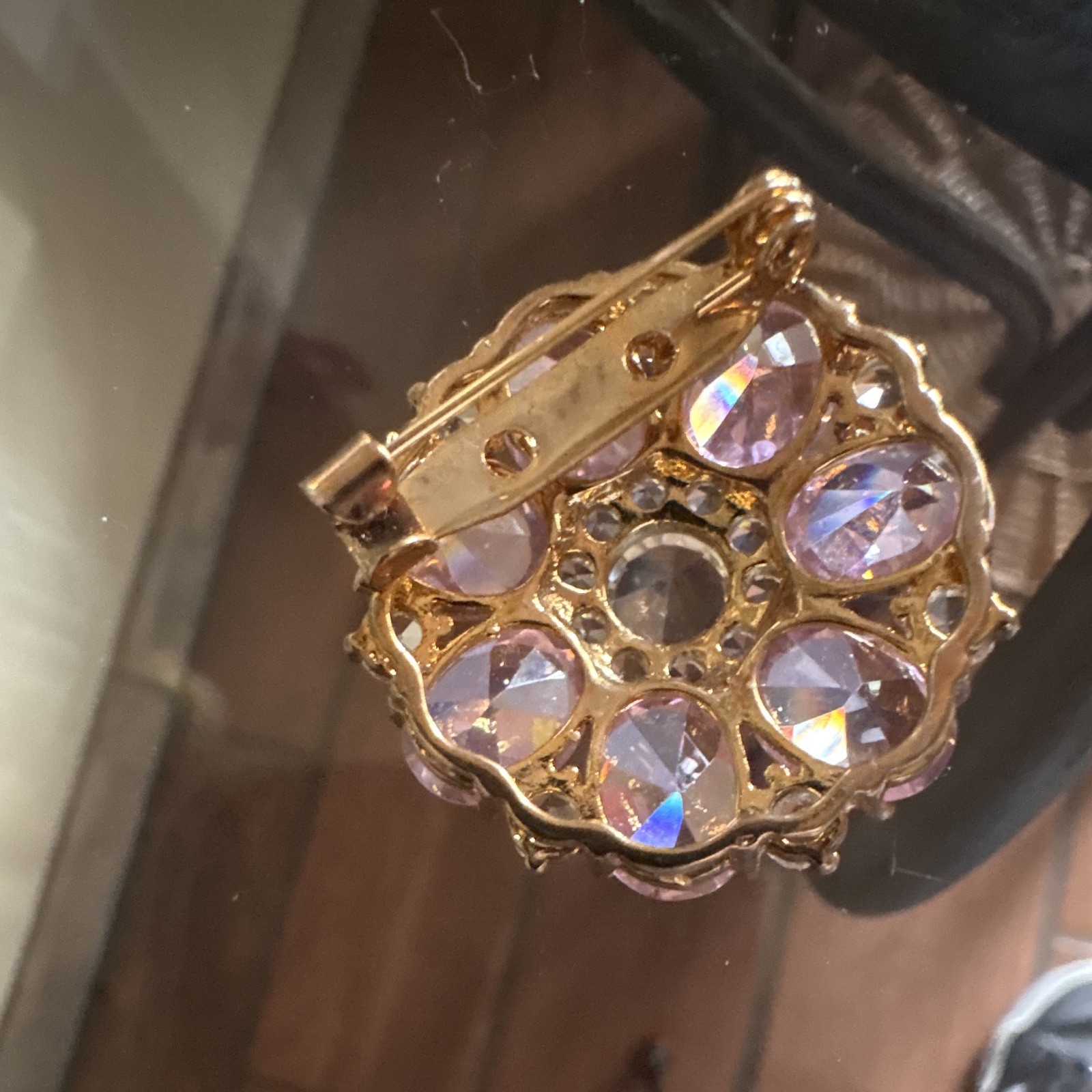 Pink & Clear Rhinestone Flower Cluster Brooch Pin, Prong Set, Gold Tone 1950s