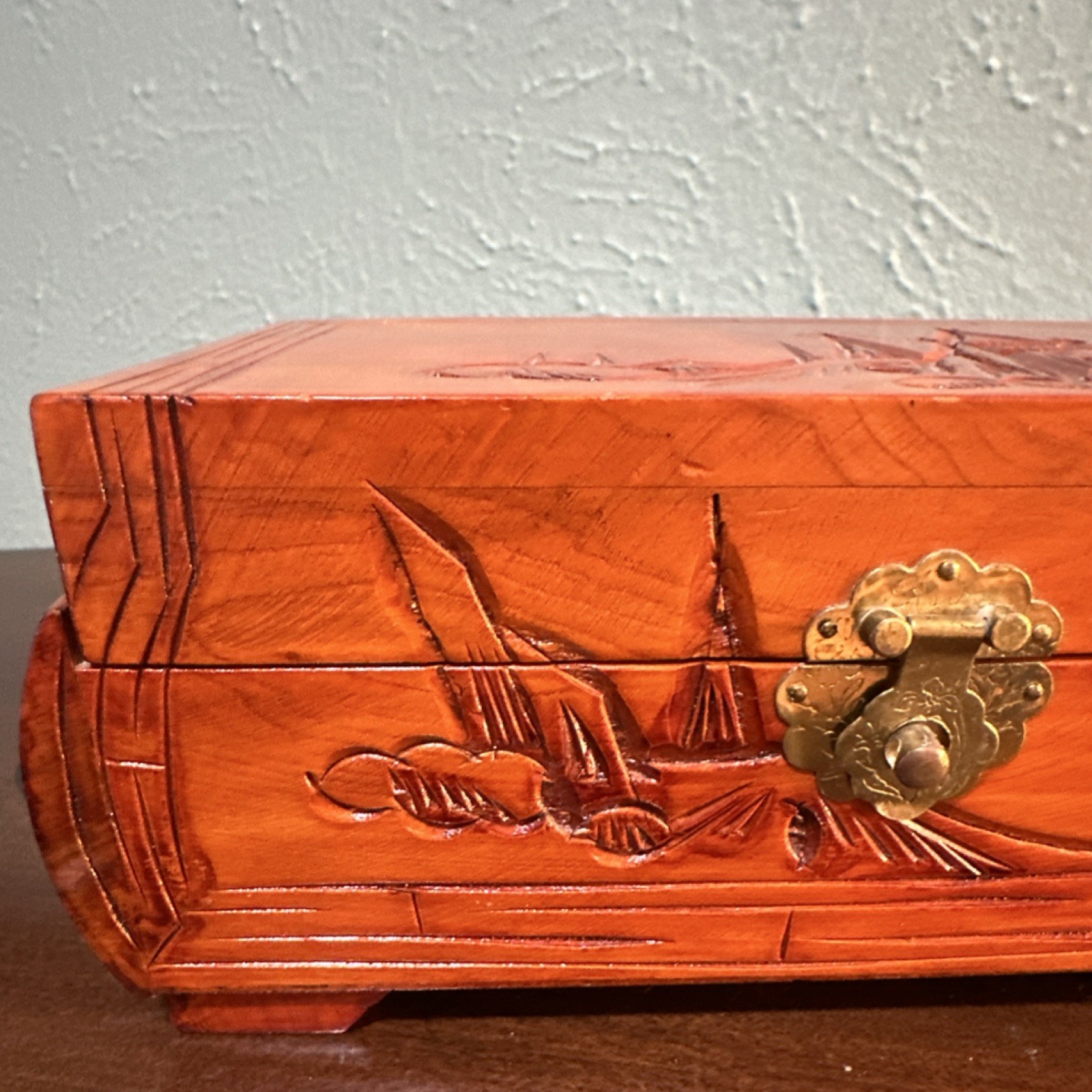 Carved Wood Jewelry Box with Mirror, Velvet Lining, Compartments, Nature Theme