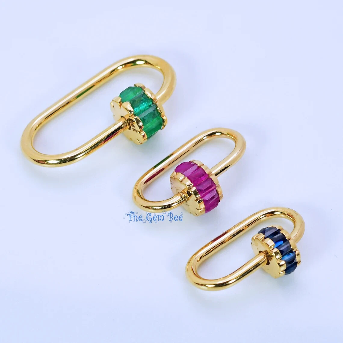 12.5×19.2mm 14K Solid Yellow Gold Blue Sapphire Charm Carabiner Enhancer Charm