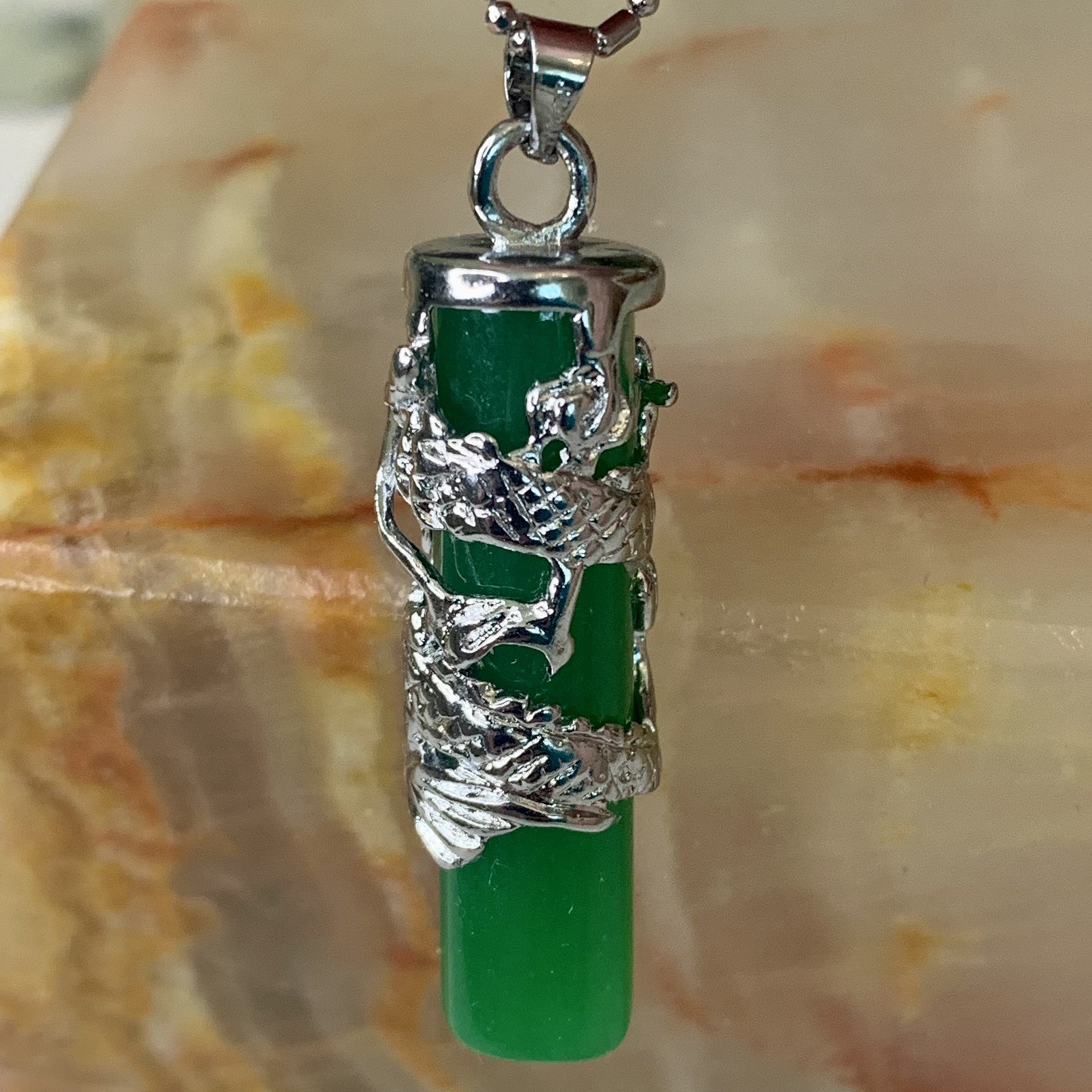Dragon Coil Green Jade Pillar Men Women Column Pendant Chain Necklace 18KWGP 16″