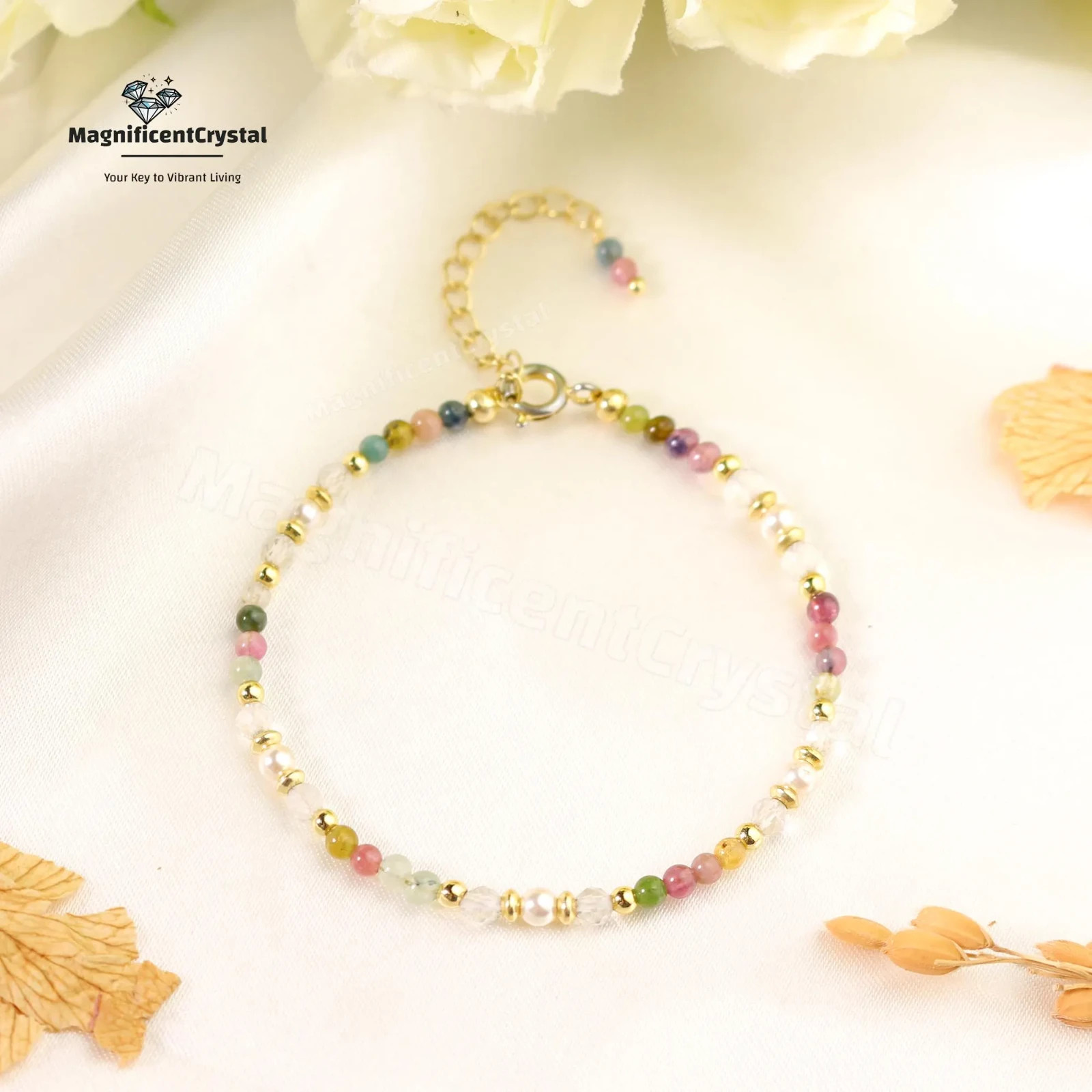 Rainbow Tourmaline Pearl Bracelet Minimalist Beaded Multi-Stone Crystal Boho Gif