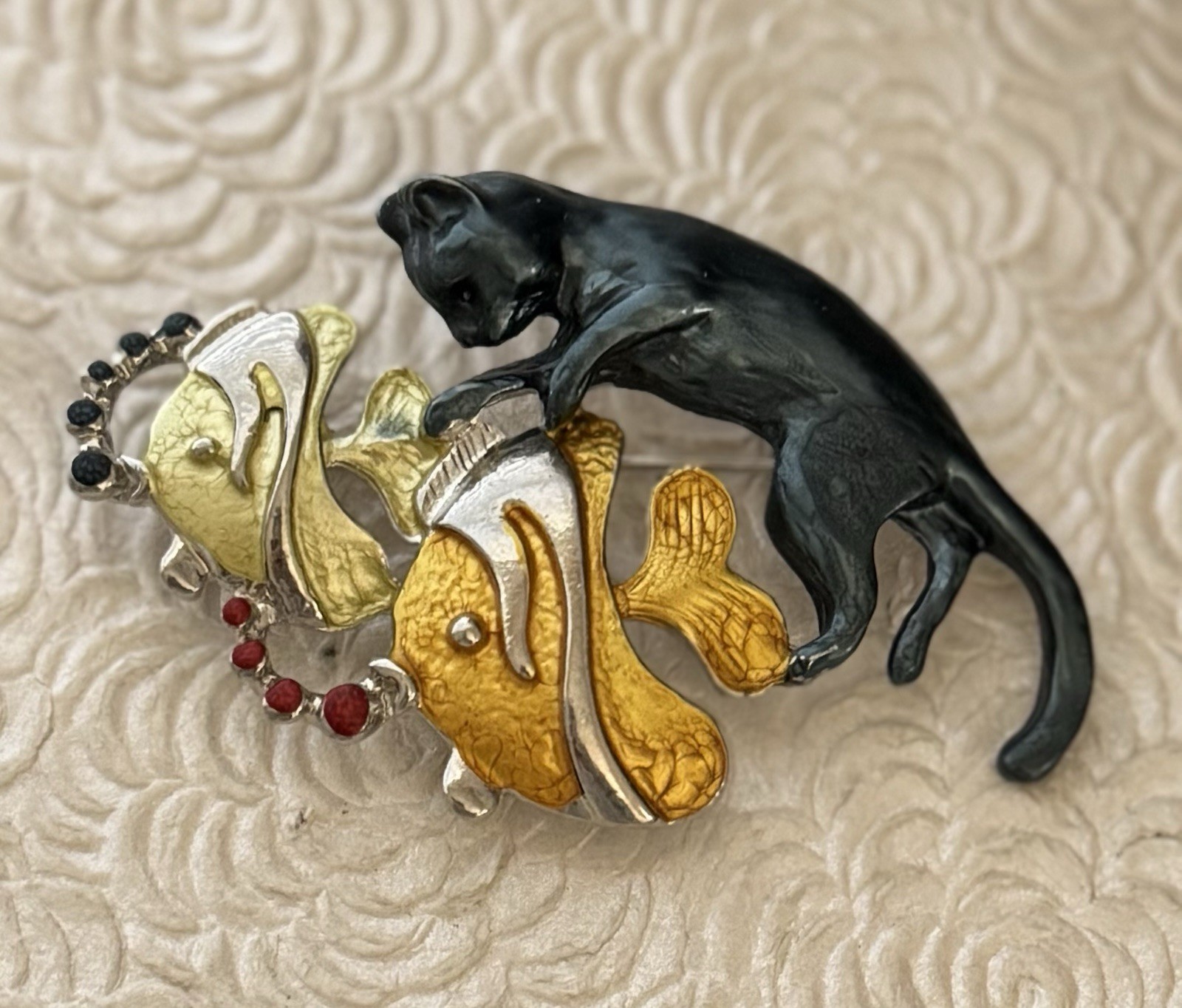 Cat / Fish Brooch /Pendant Enamel On Metal