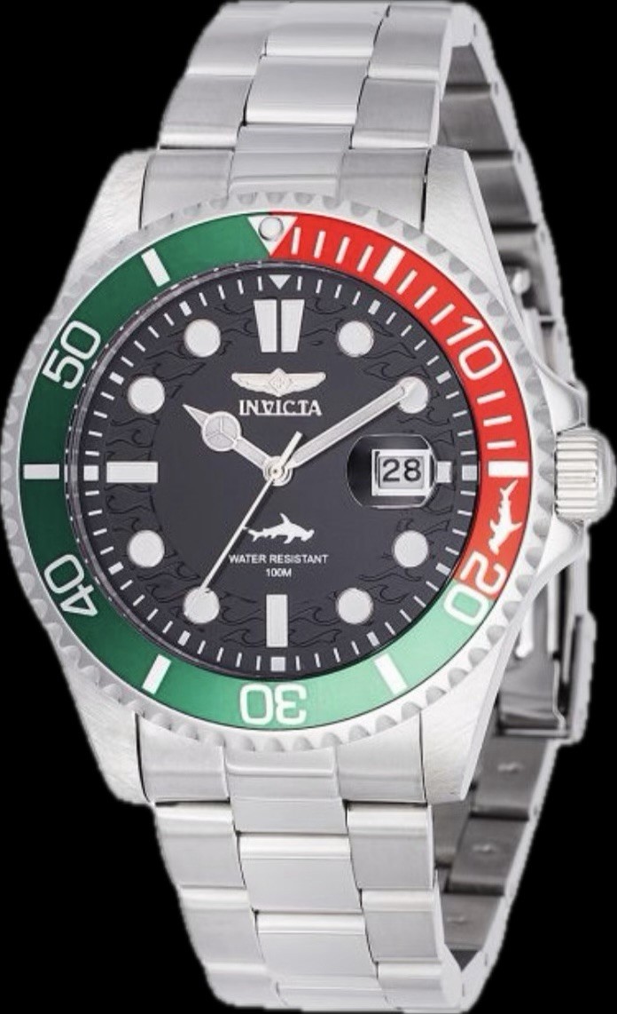 Invicta Pro Diver Watch 43mm, Black Dial, Green & Red Bezel, Steel #44706