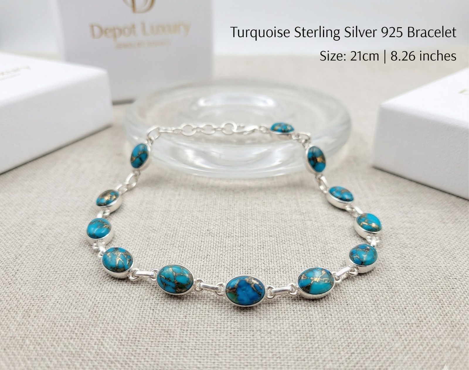 Natural Turquoise Bracelet 925 Sterling Silver 21cm 8.26 inch Luxury Jewelry Box