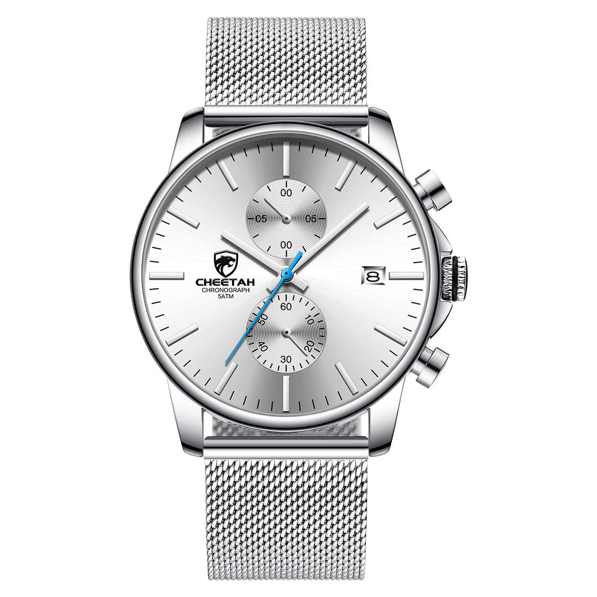Men’s Minimalist Quartz Chronograph Watch, Stainless Steel, Waterproof, Silver