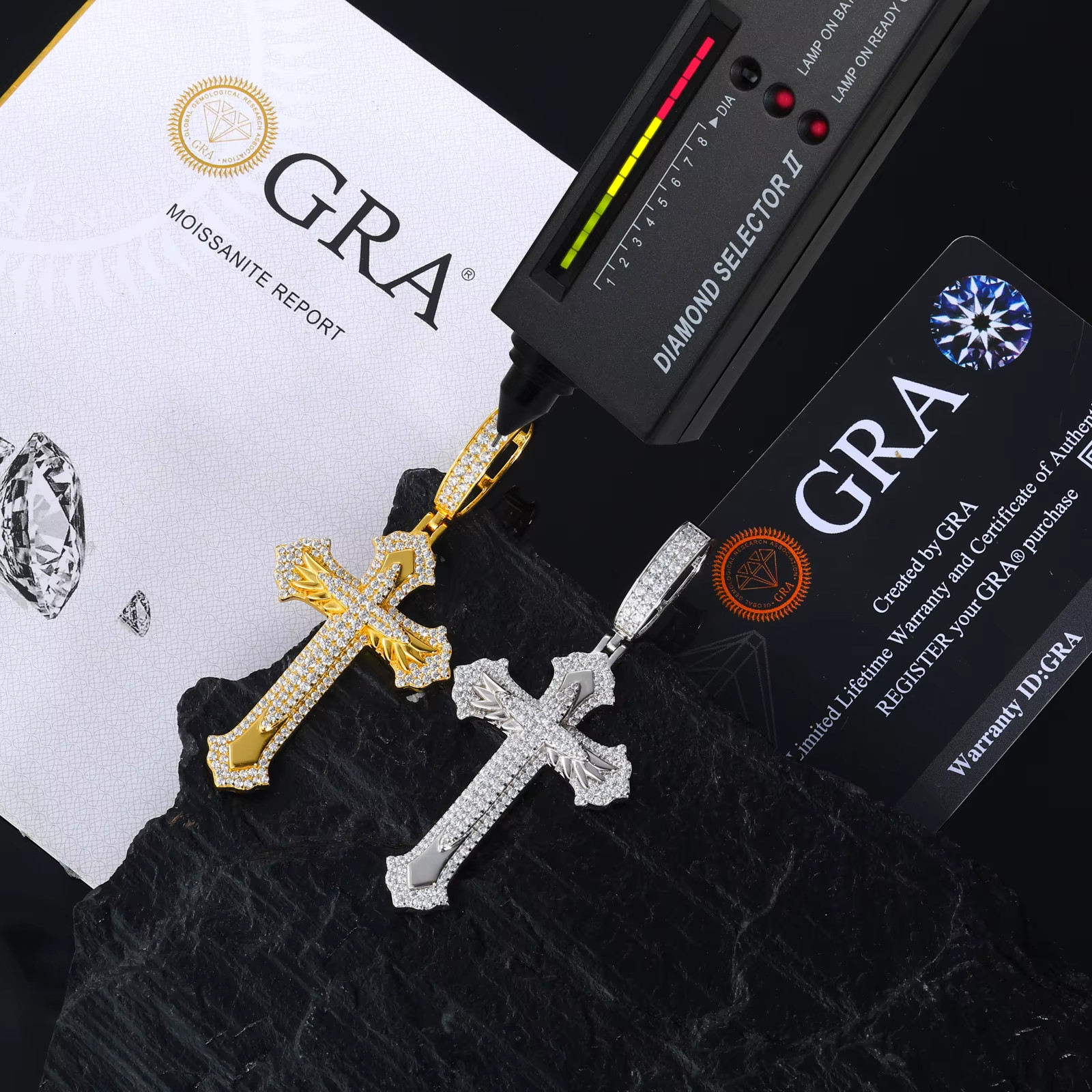 925 Sterling Silver VVS Moissanite Cross Pendant Iced Out 14k Yellow Gold Plated