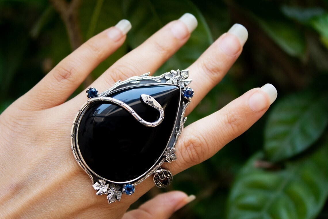 Black Onyx 925 Sterling Silver Ring-Skull &Snake,Witchy OOAK Boho Statement Ring
