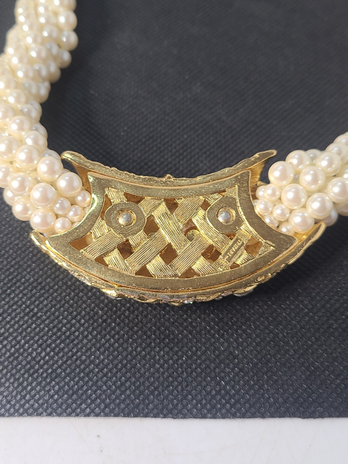 Vintage Signed Trifari 17 Multi Strand Pearl Rhinestone Necklace G2U