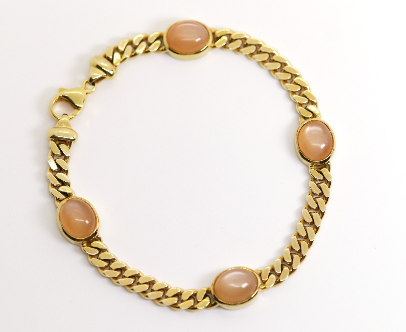 Flat Curb Link Bracelet Yellow Gold Rose Quartz Cabochon 14kt – 585, L: 20cm