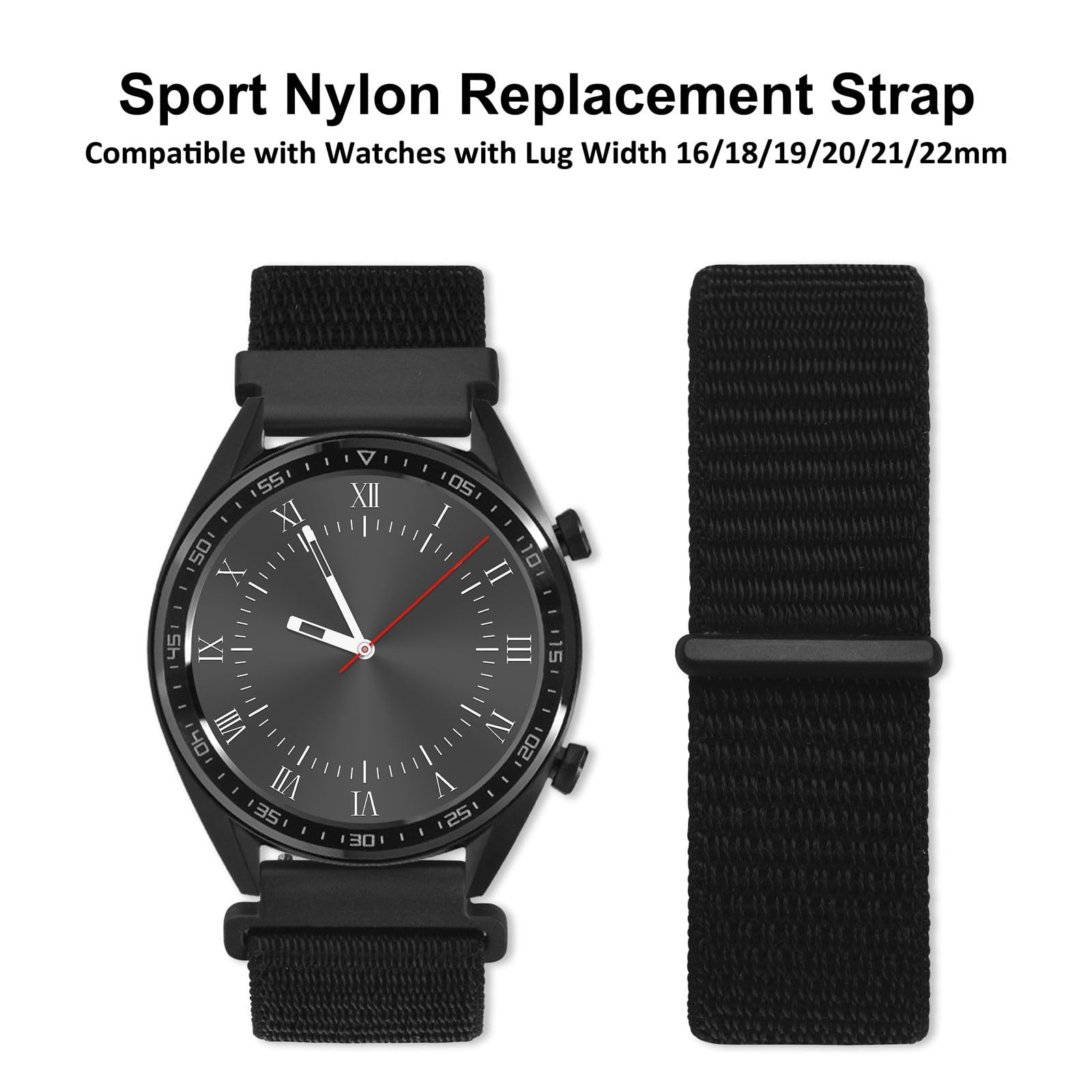 WOCCI 22mm Adjustable Nylon Watch Band, Quick Release Sport Loop Strap (Black)