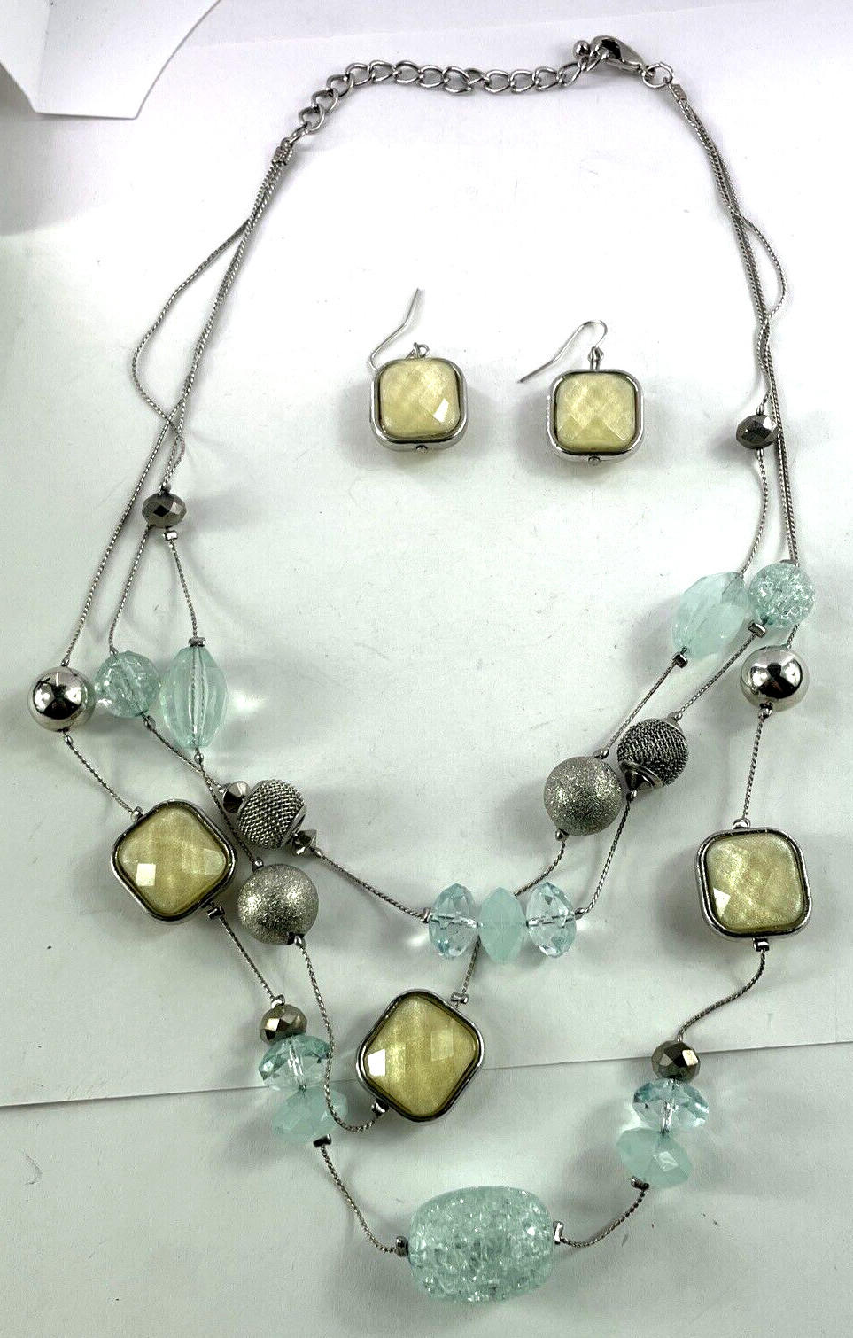 Necklace & Earrings Set, Beaded, Stones, Ivory & Blue, Silver Toned, Layered