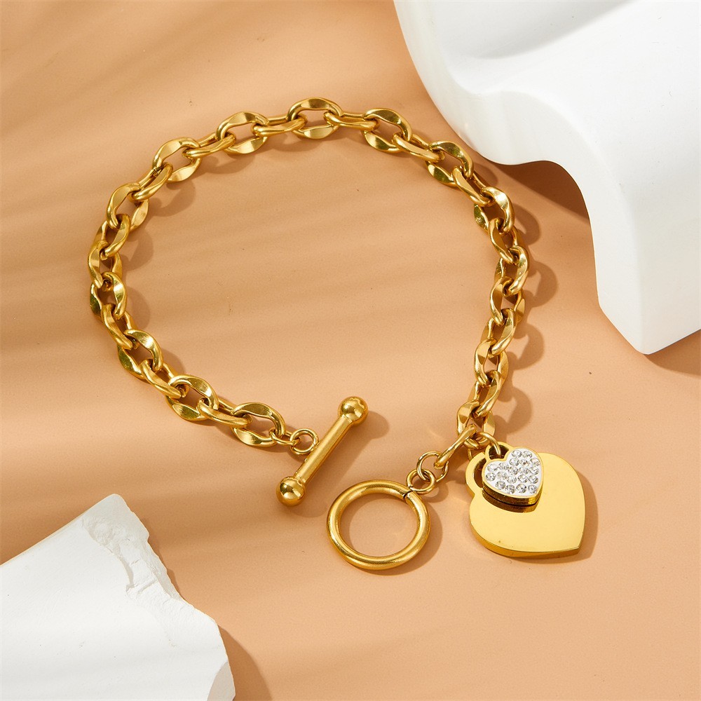 Women’s Heart Inlay Rhinestone Pendant Bracelet OT Buckle Titanium Steel Bracele