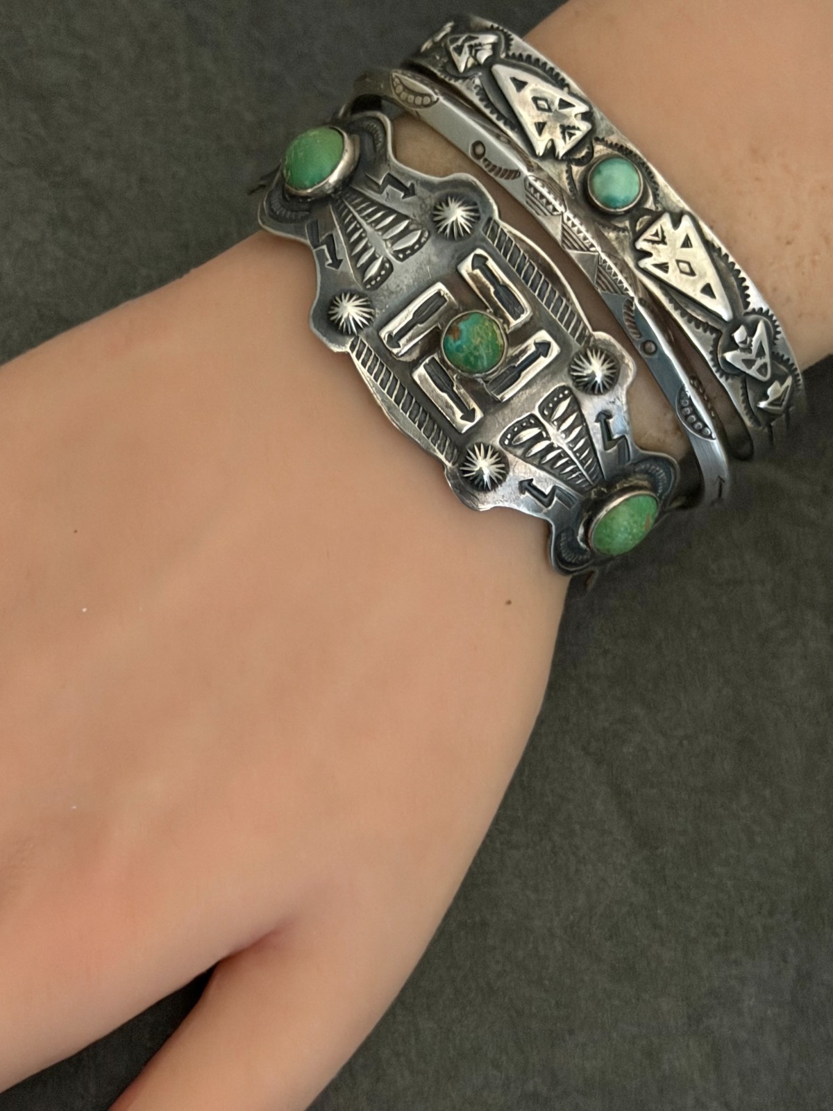Vintage FRED HARVEY era Navajo ARROW HEAD Turquoise Silver Bracelet 6.6in