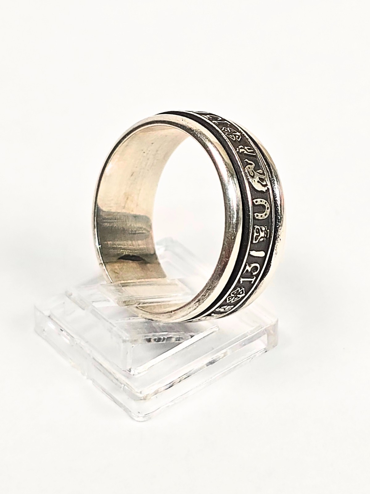 Spinner Ring Rotating Center Wide Band 925 Sterling Silver Good Luck Simbols #11
