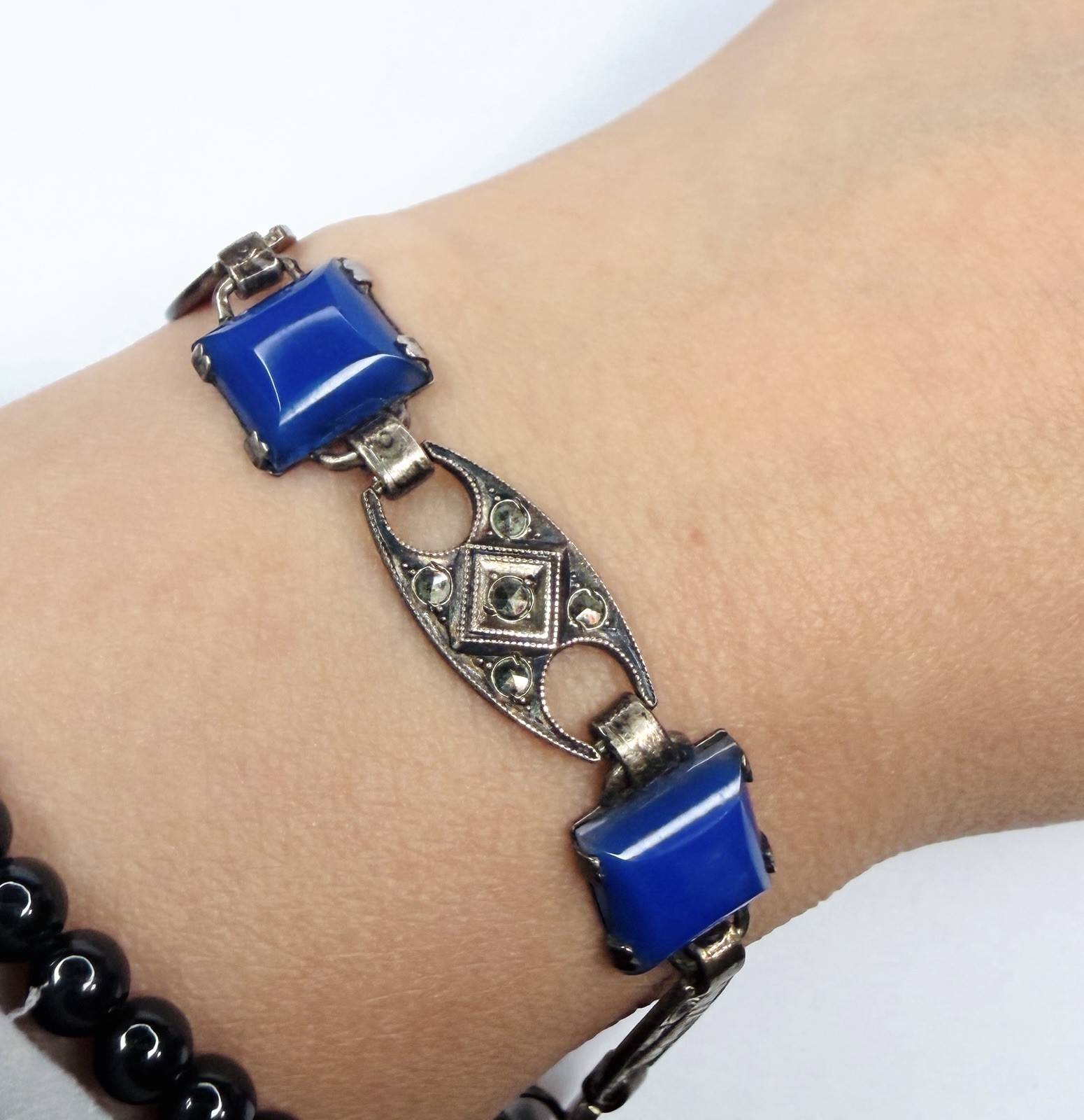 Rare Antique Art Deco Bracelet Blue Square Chalcedony Glass Beautiful Marcasite