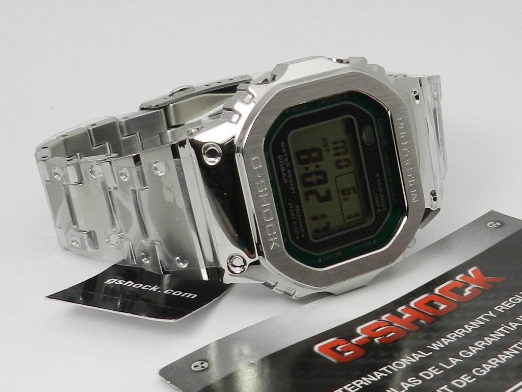 G-Shock Full Metal Silver & Green Outline Dial Watch,Stainless Steel GMWB5000D-3