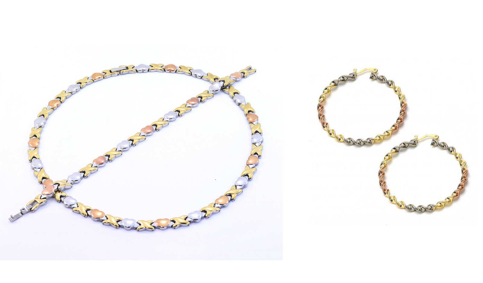 Classic 3 Tone Hugs & Kisses Necklace Bracelet Twisted Round Earring Set XOXO