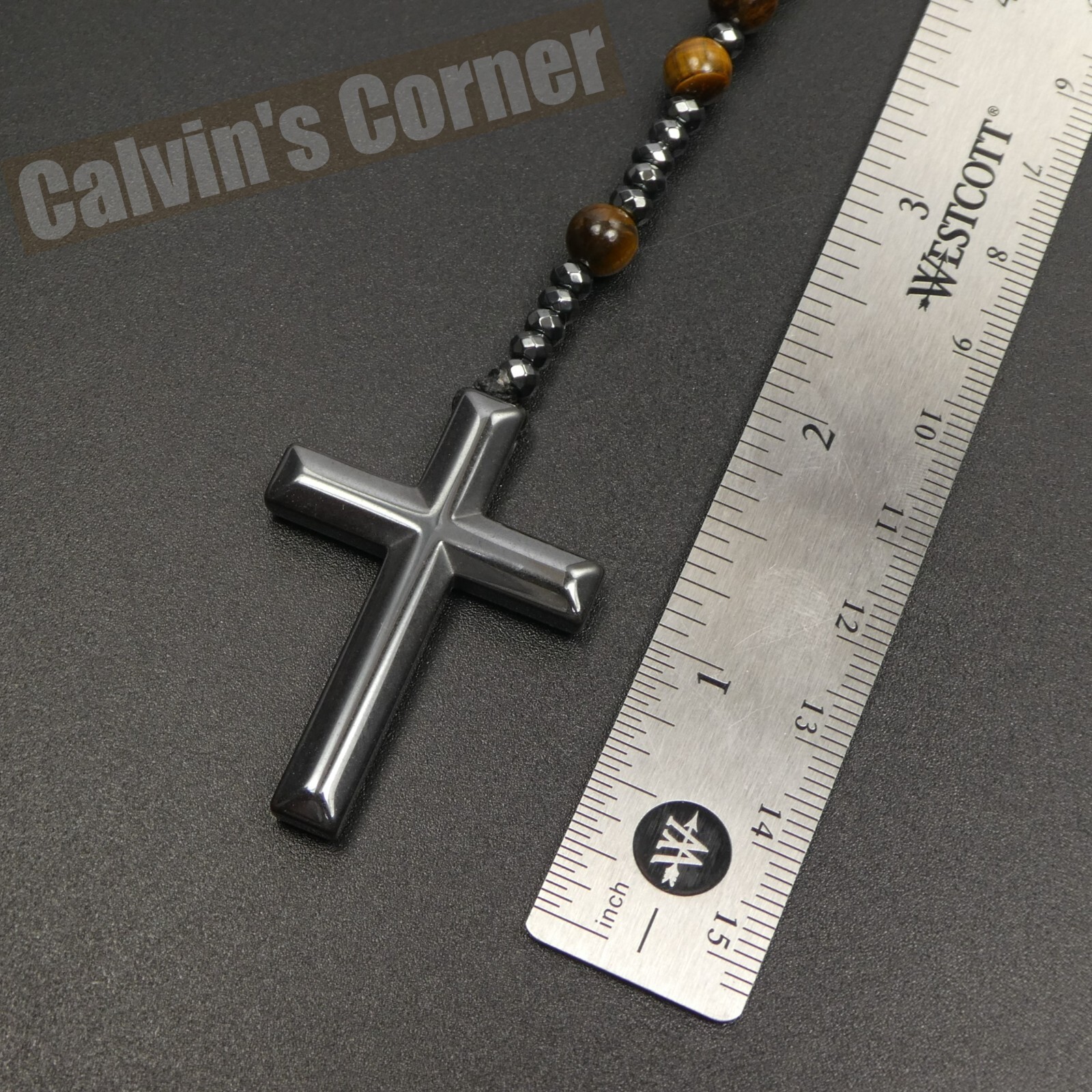 Tiger Eye Black Hematite Rosary Necklace Catholic Christ Cross Men Women Gift