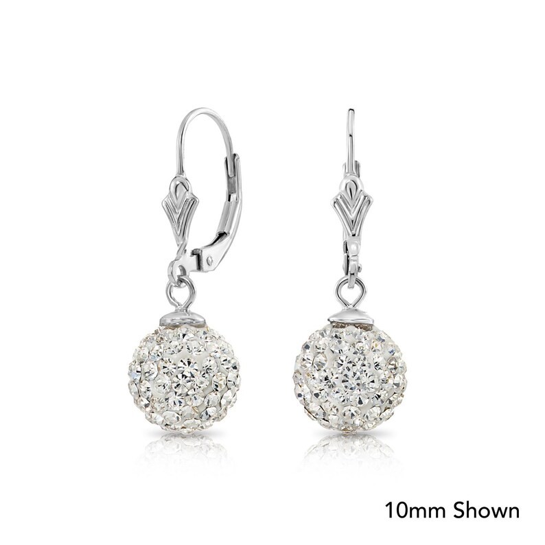 925 Solid Sterling Silver Sparkle Crystal Ball Dangle Hoops Earrings All Size