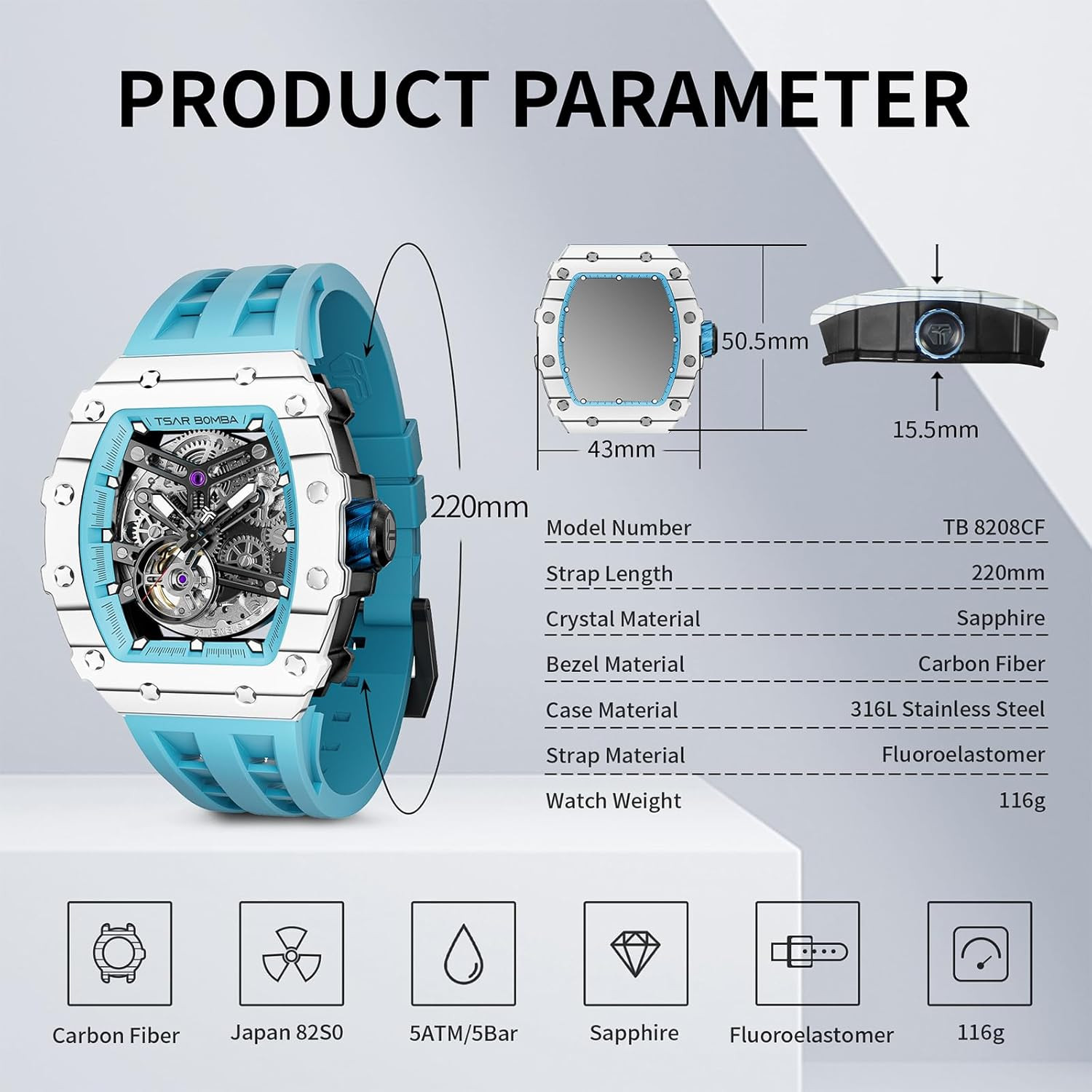 Luxury Men’s Skeleton Watch – 50M Waterproof Big Face Dial