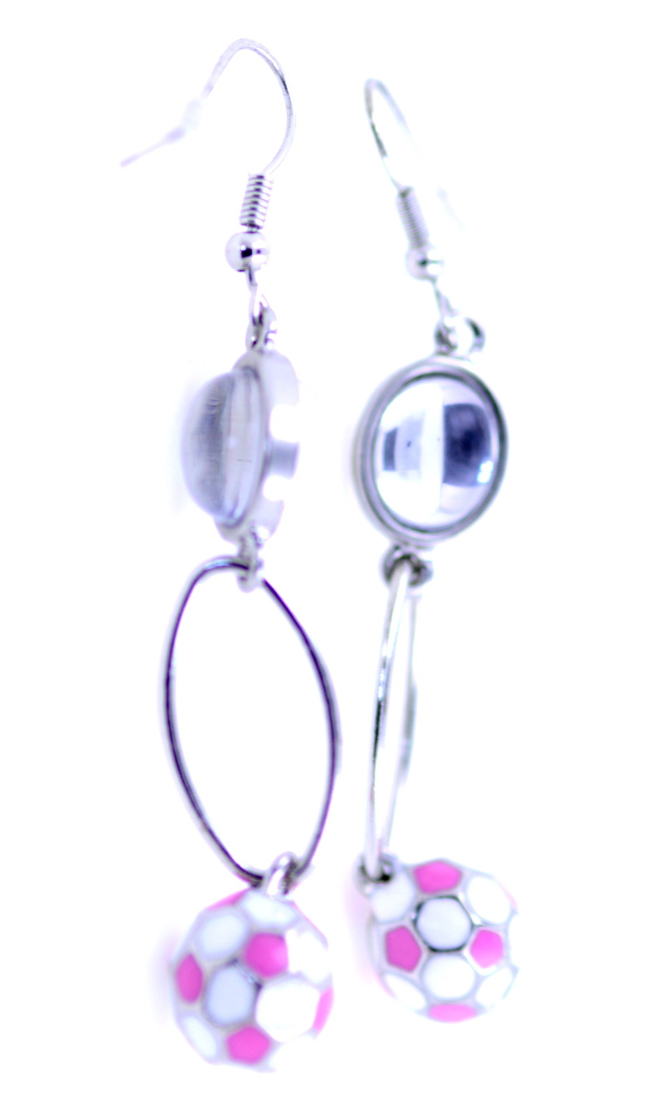 Hanging pink and white enamel football dangle earrings