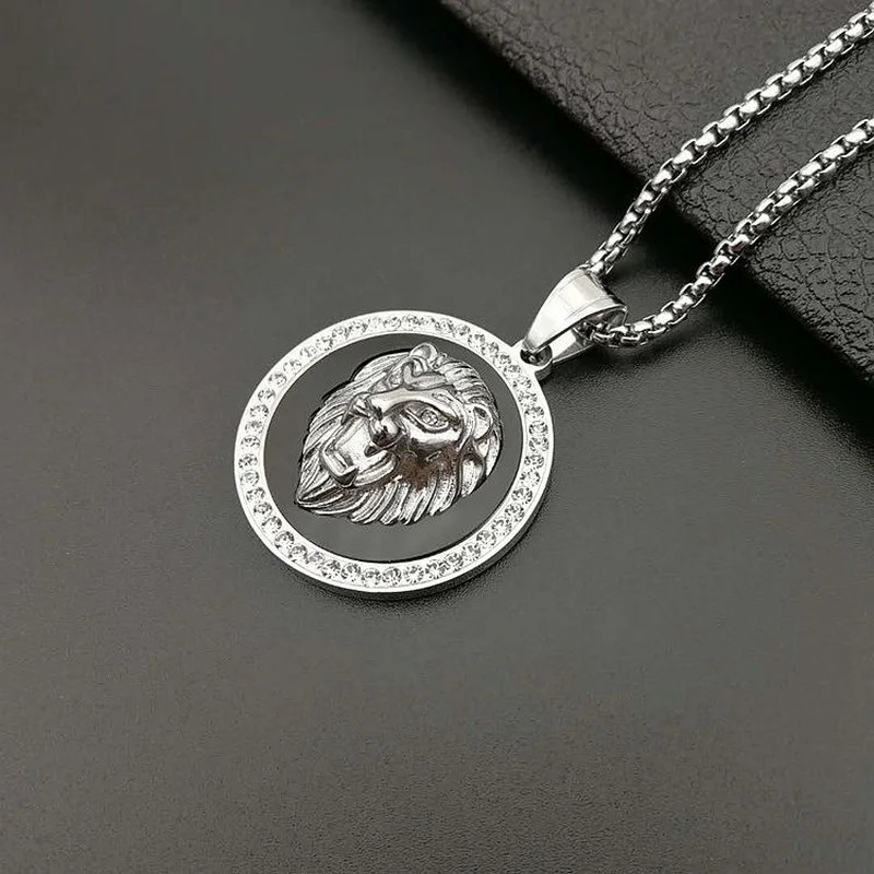 Gold Plated Lion Head Pendant Necklace Titanium Steel Hip Hop Jewelry for Men