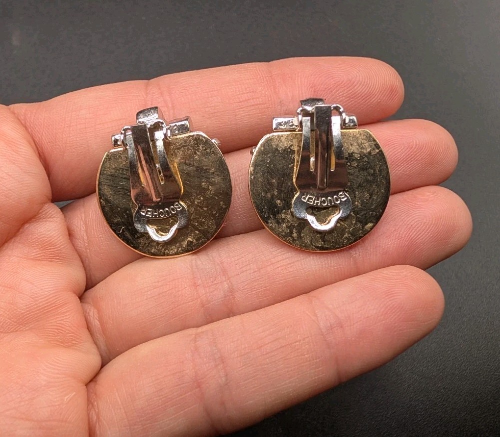 BOUCHER Signed Marcel Green Blue Clear Rhinestone Gold Tone Clip Earrings ⚠️READ