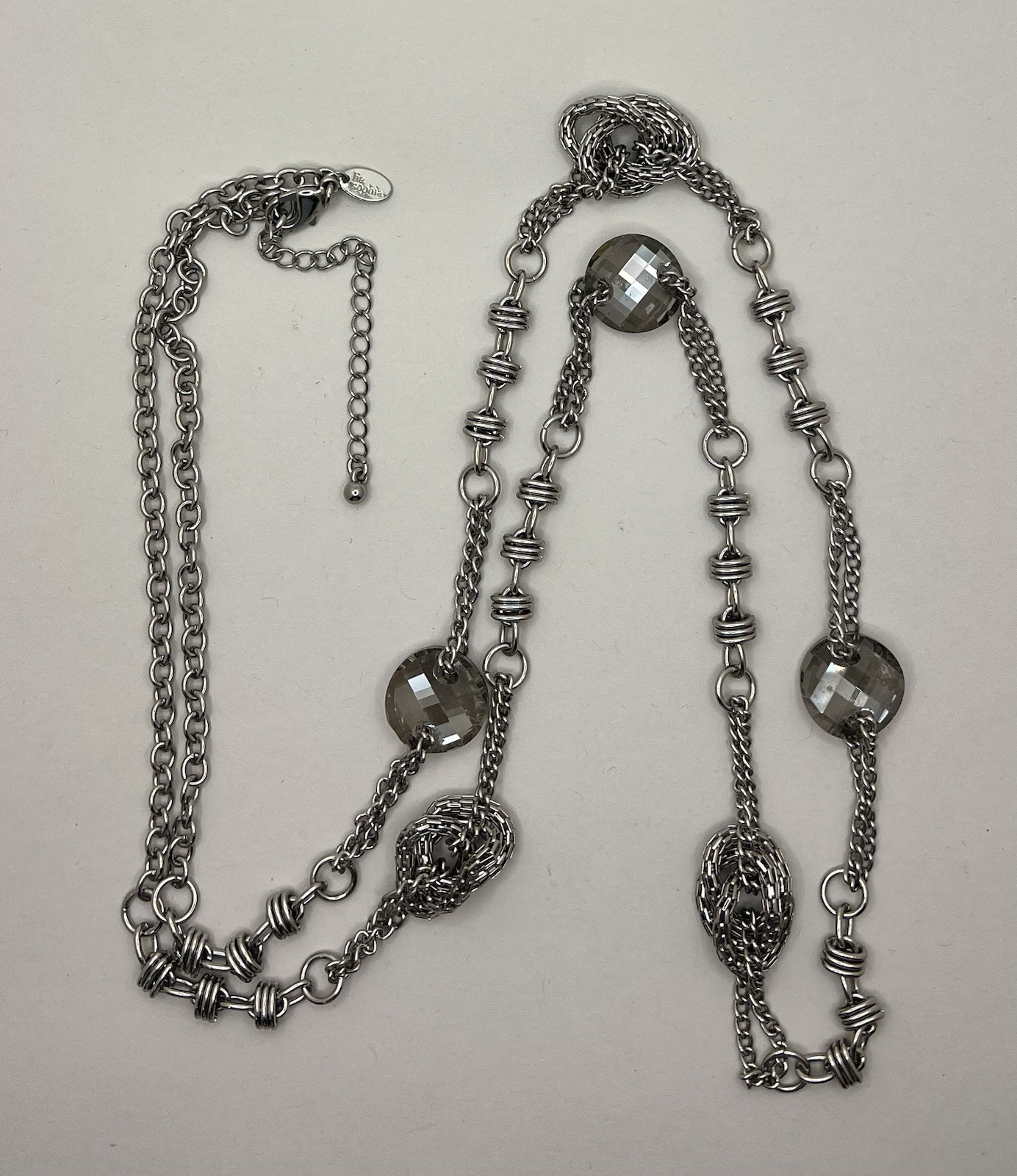 Lia Sophia “CHRISTINA” Silver Tone Necklace Smoky Silver Crystals 43.5-46.5”