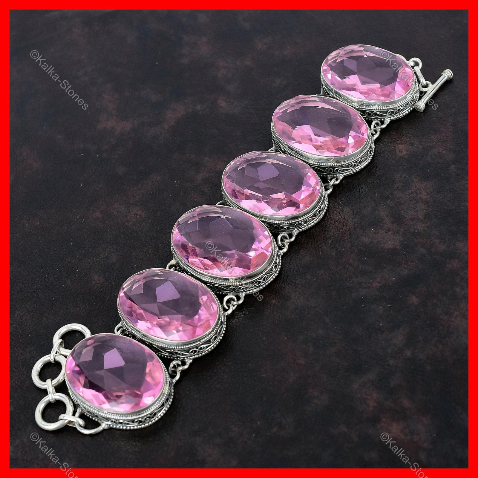 Natural Pink Kunzite Sterling Silver Engagement Vintage Chain Bracelet Jewelry