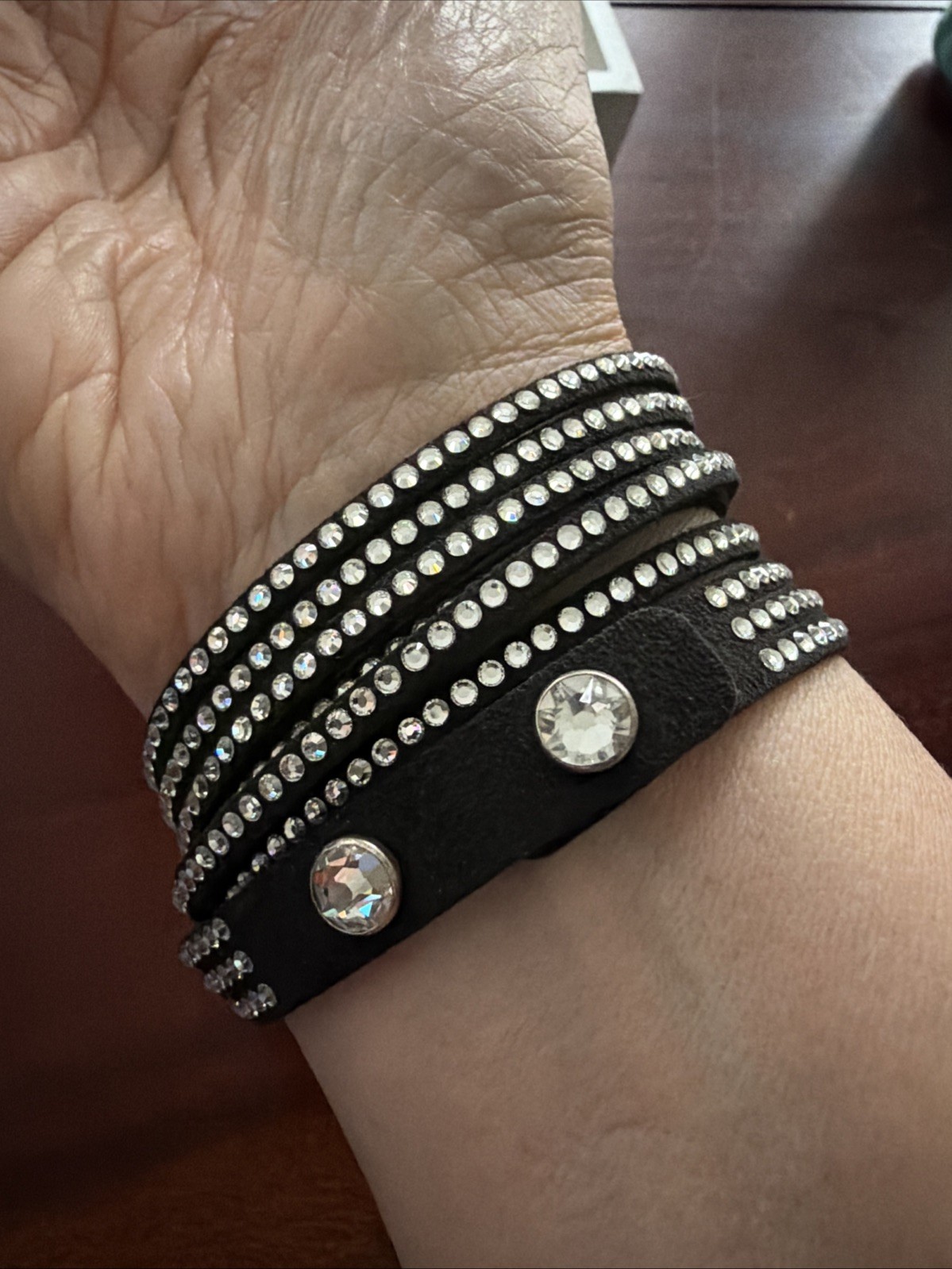 Touchstone Wrap Star 3 Strand Black Alcantara Clear Swarovski Crystals Bracelet