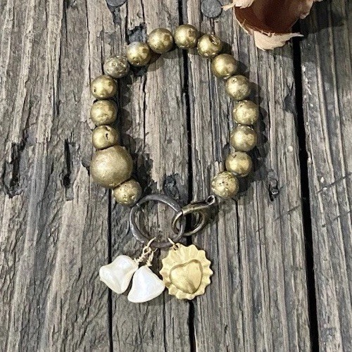 Druzy Agate & Baroque Pearl Antique Brass Bracelet with Flaming Heart Charm