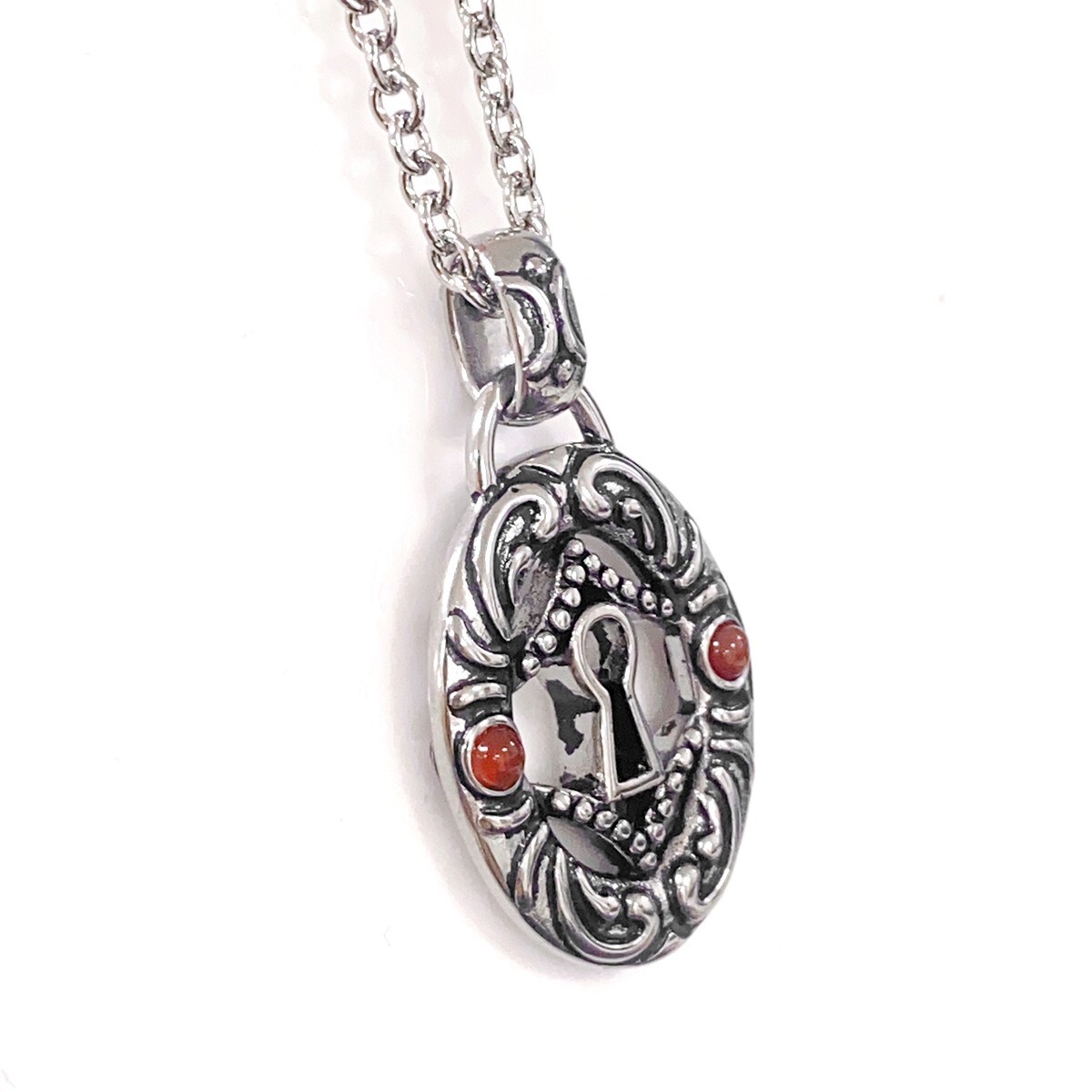 Keyhole necklace both side oval stainless steel pendant 4 Red Agate By Controse