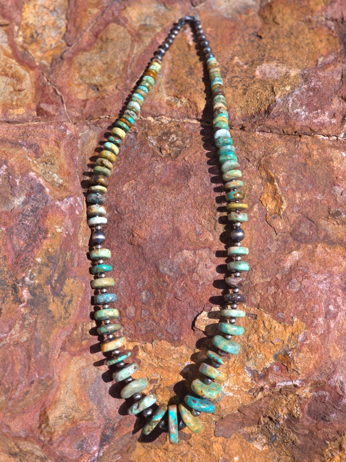 Sterling Silver Natural Hubei Turquoise Graduated Rondelle Beaded Necklace