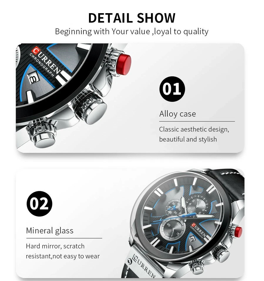 CURREN Men’s Quartz Chronograph Watch Black Leather Strap Luminous Waterproof