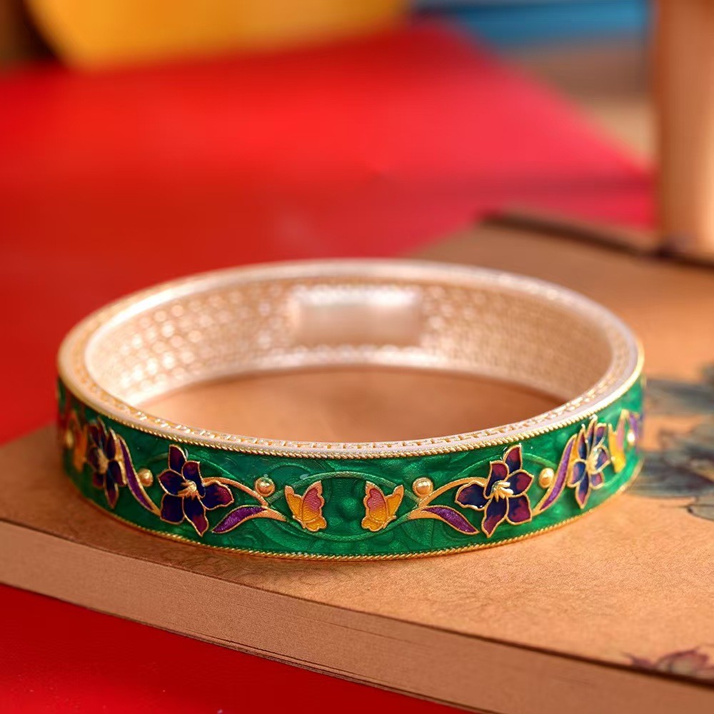 Pure S999 Fine Silver Bracelet 12mm Lucky Enamel Flower Bangle 34-35g ID:60mm