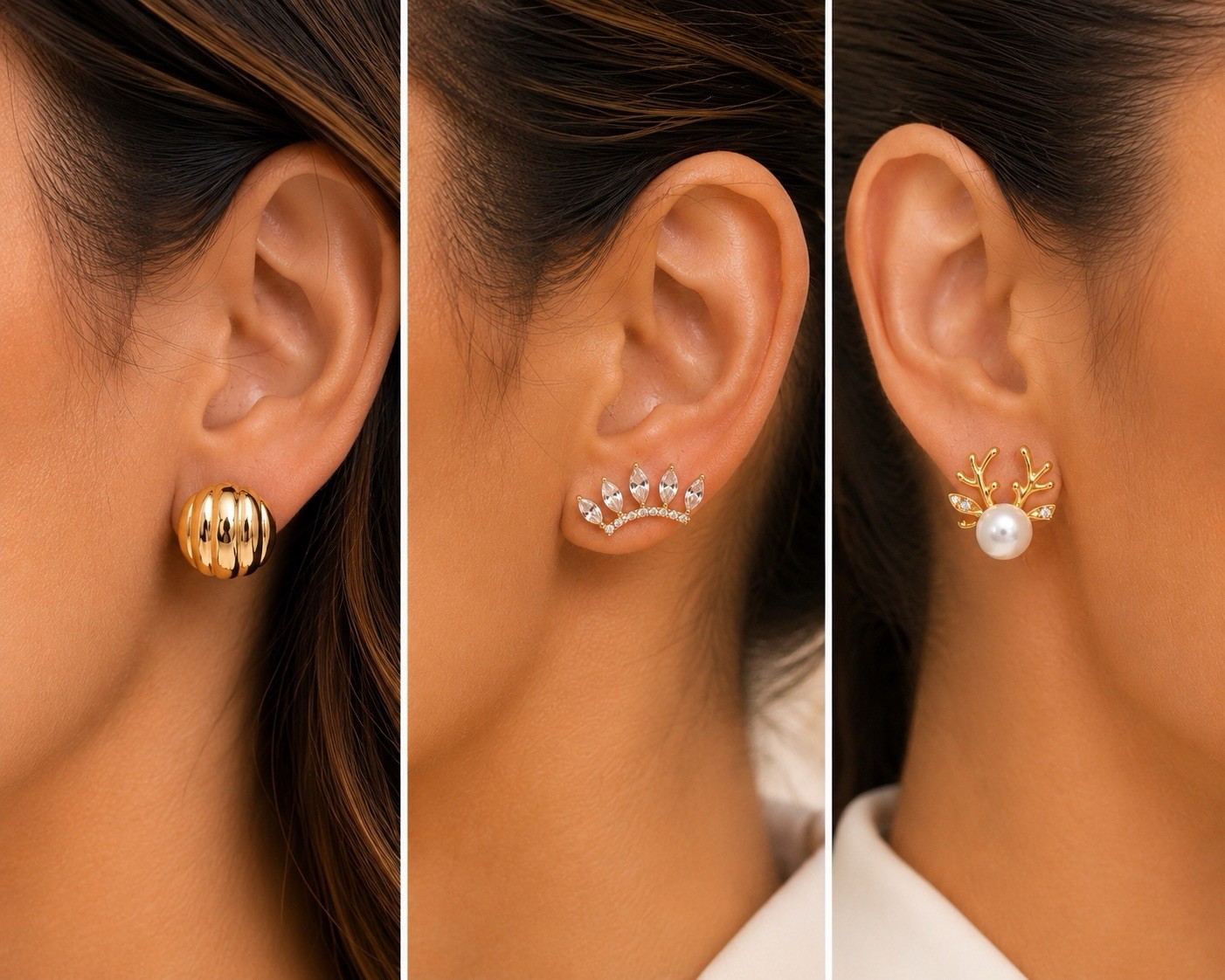 3 Pairs Gold Tone Stud Earrings Set Pearl Crown Rhinestone Gift Box Included