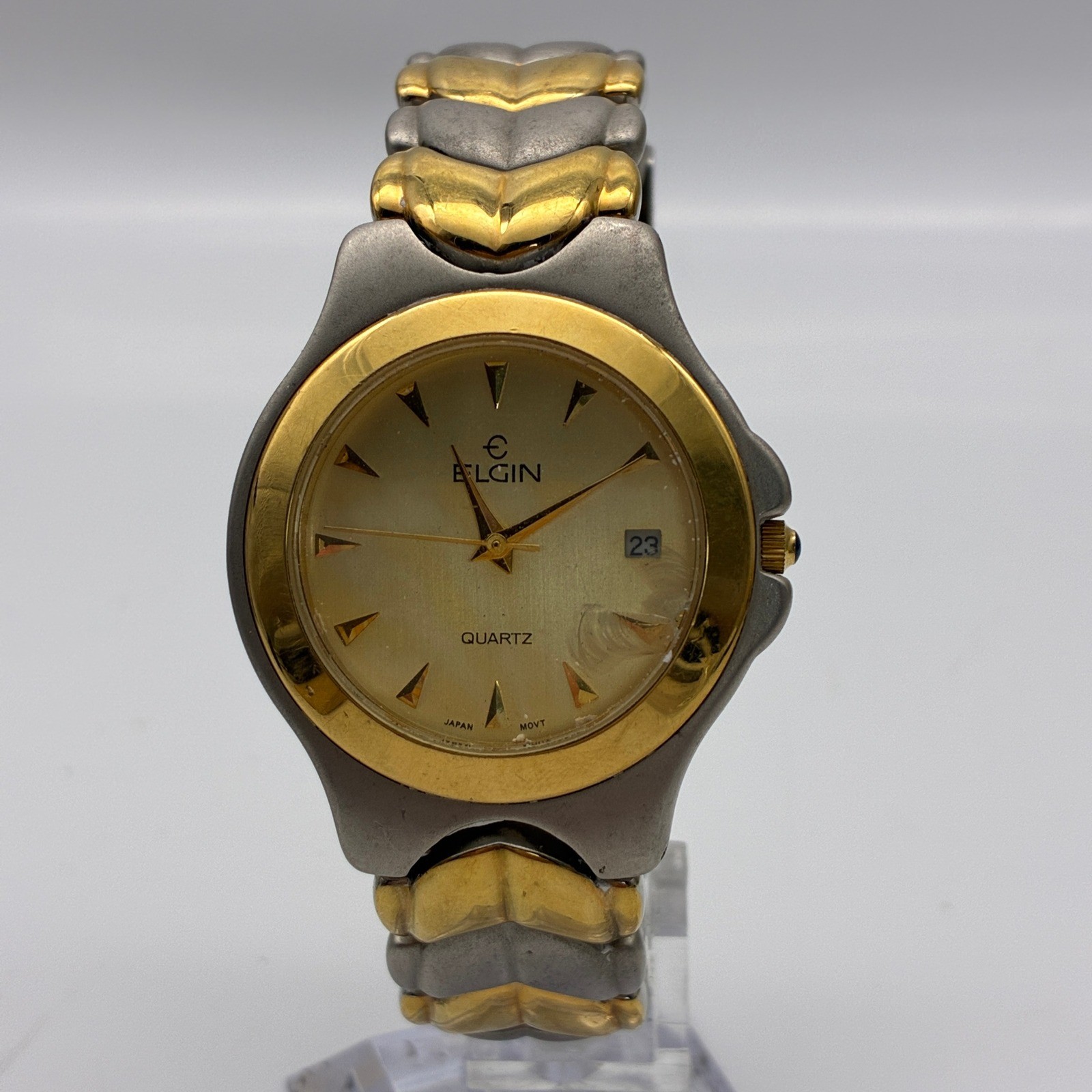 Elgin FM885 Two Tone Quartz Watch Gold Silver Date Window Blue Cabochon Crown