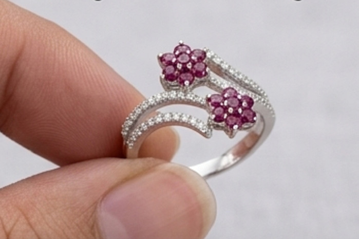 1ct Round Simulated Red Ruby/CZ Flower BYPASS Engagement Ring White Gold Plated