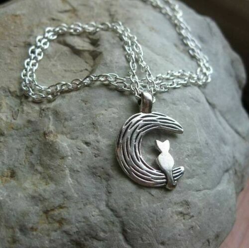 CRESCENT MOON CAT charm pendant 20″ 925 Sterling Silver Necklace Gift mom women