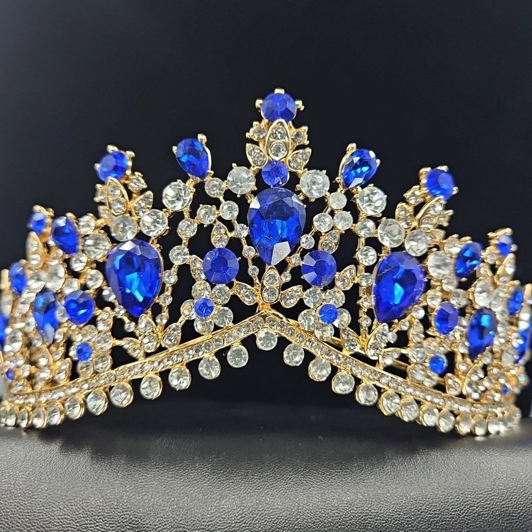 Gold Blue White Rhinestone Tiara Crown Bridal Wedding Pageant Prom Used