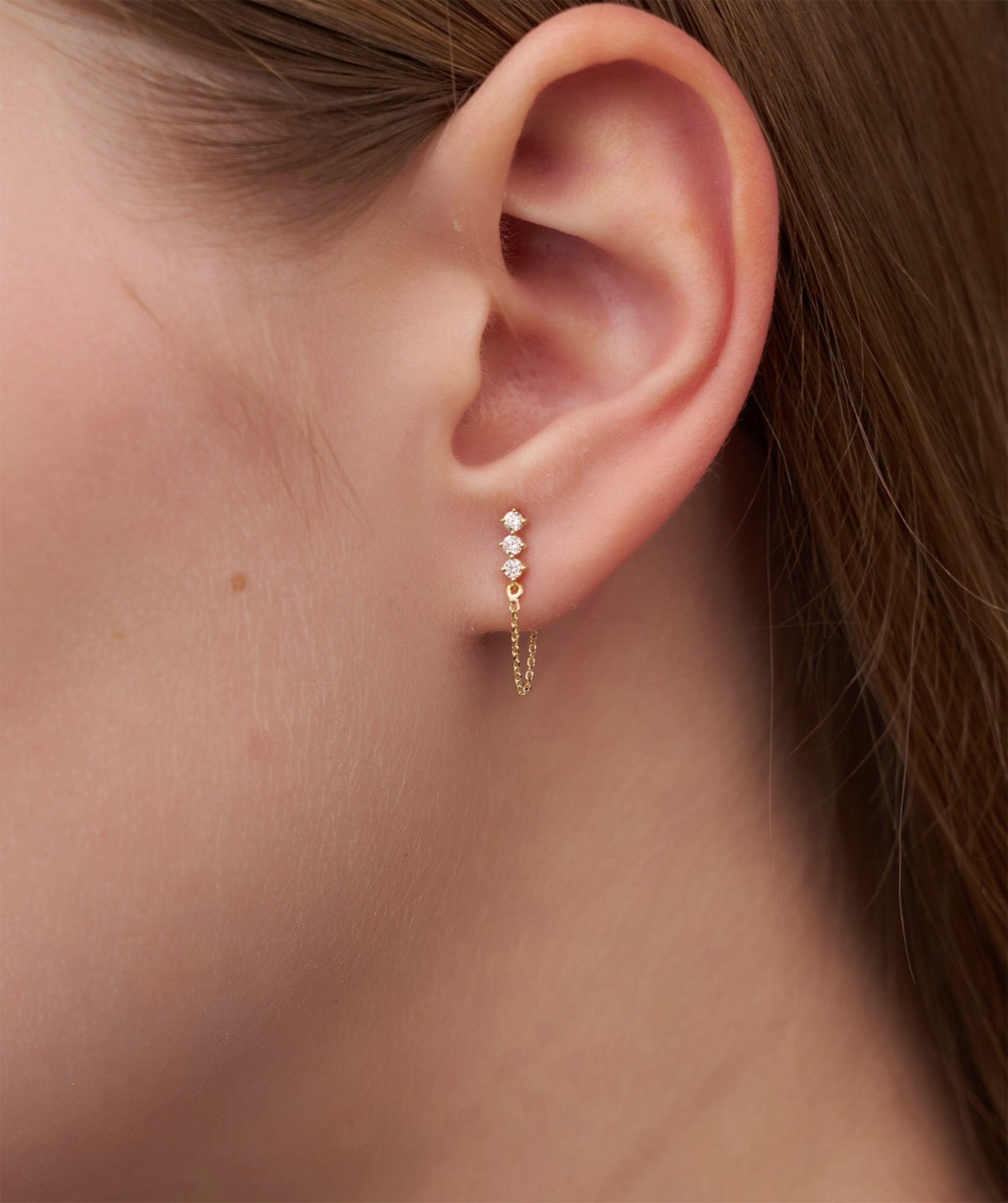 14K Gold Round Lab Grown Diamond Three Stone Climber with Chain Loop Earrings
